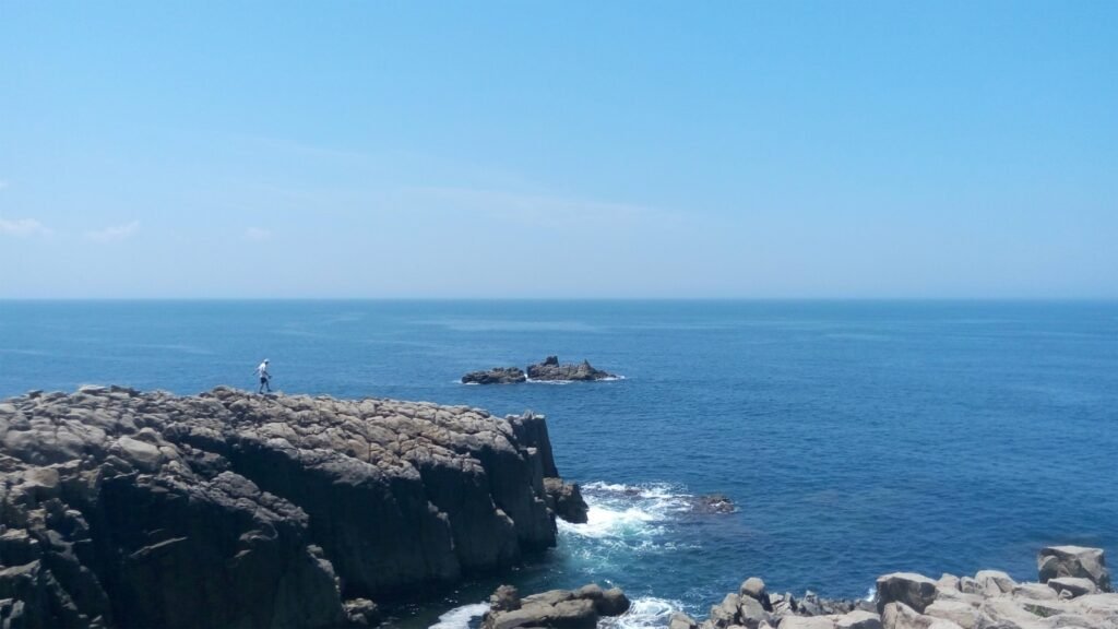 person standing on top of gray stone formation near sea at daytime