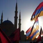 Armenian flags with Mosque background.