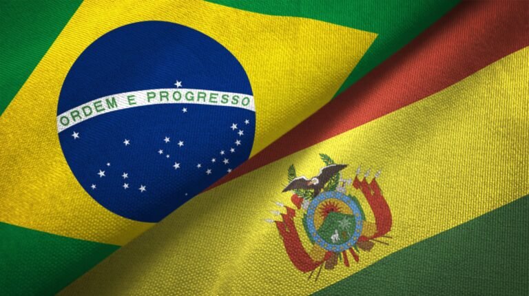 Bolivia and Brazil two flags together realations textile cloth fabric texture